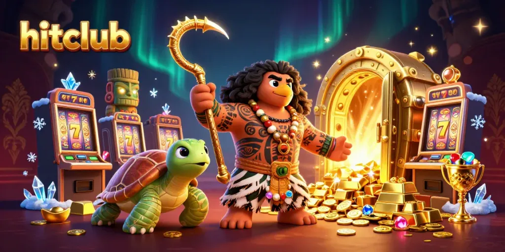 Join the excitement at hitclub with vibrant slot machines and captivating characters, all in a stunning illustration.