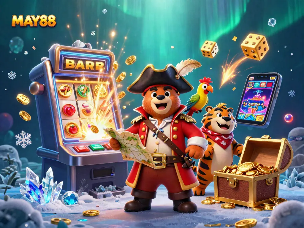 MAY88 engages players with a thrilling 3D illustration featuring a pirate bear and vibrant casino elements.