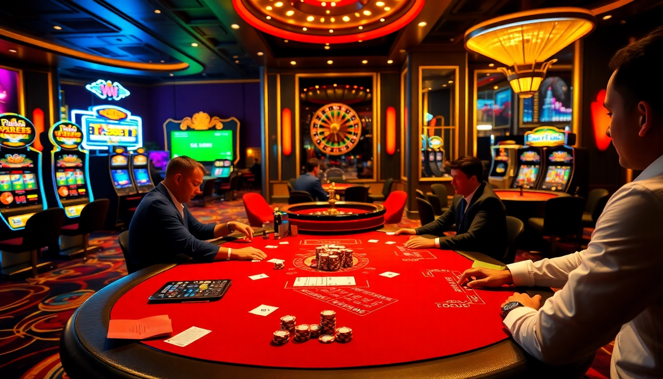 Engaged players at OK 365 casino tables enjoying games, showcasing excitement and professionalism.