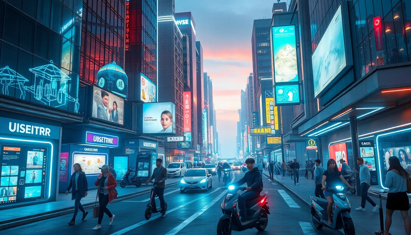 Vibrant city infused with New Technology, showcasing futuristic vehicles and holograms.