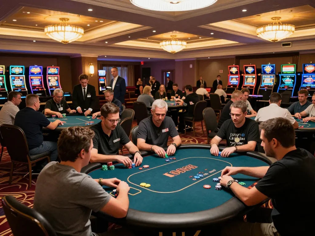 KJC players engaged in a high-stakes poker tournament at a luxurious casino.