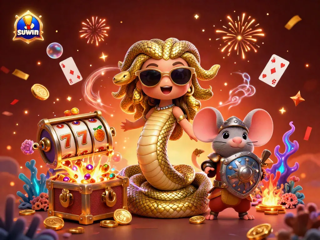 Suwin captivates players with an energetic casino scene featuring Medusa and a warrior mouse, highlighting slots and golden treasures.