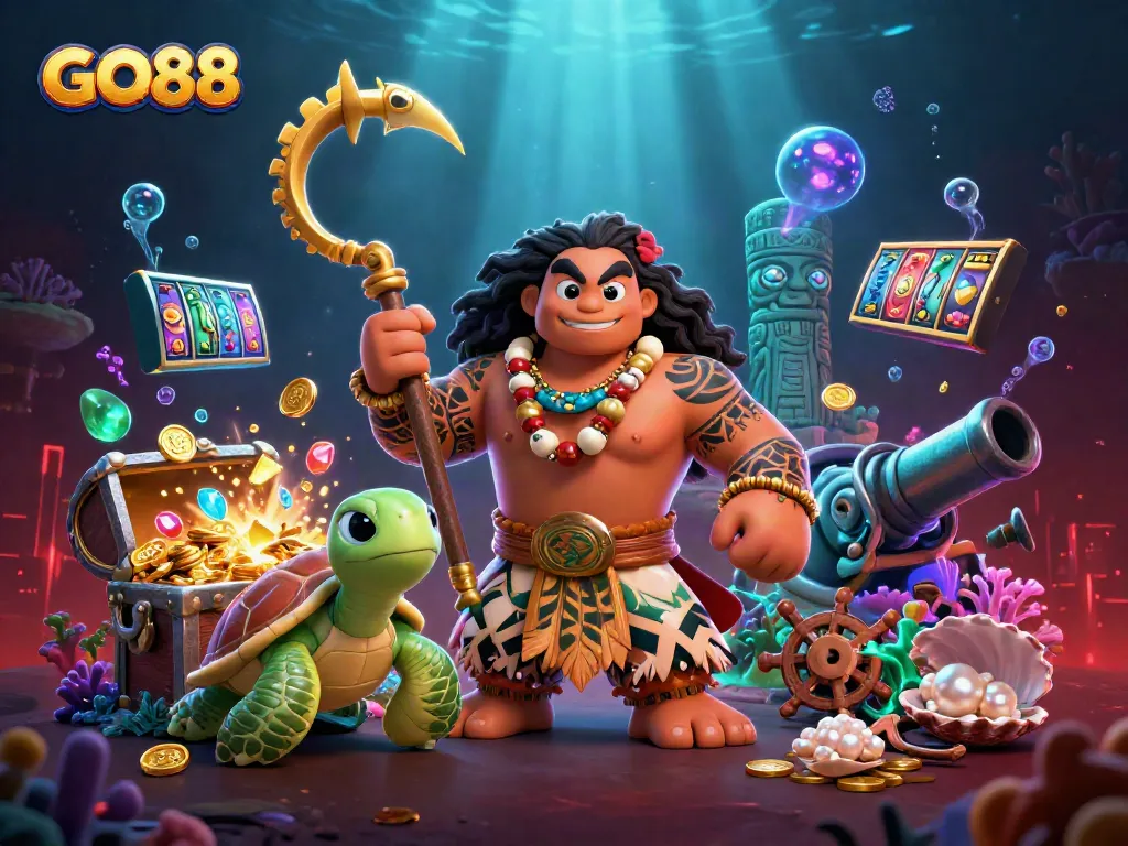 GO88 offers thrilling slot gameplay with Polynesian characters in an entertaining underwater casino scene.