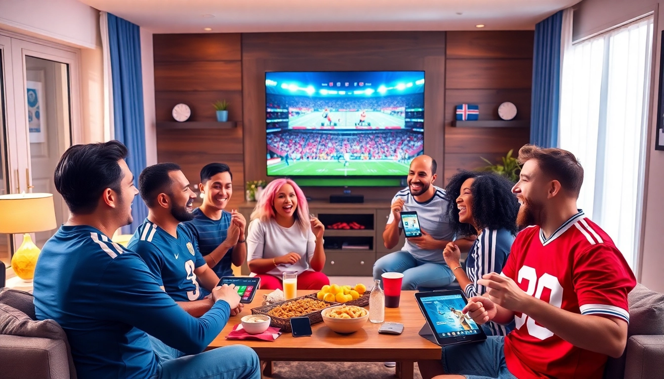 Engaged fans watching live football on https://vaoluoitv.it.com in a vibrant living room setting.