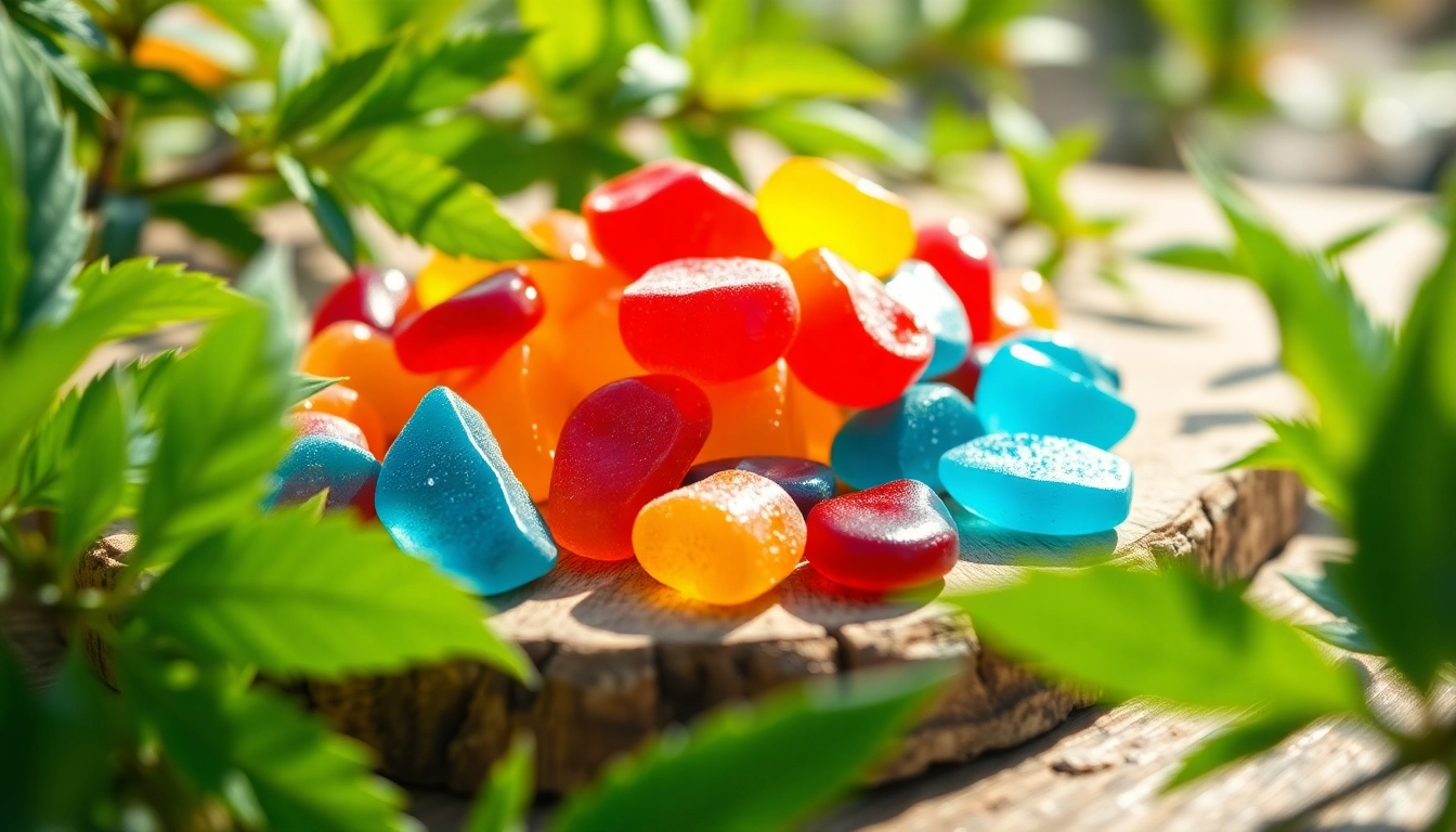 Buy legal THC gummies UK in vibrant colors displayed on a wooden table with fresh leaves.