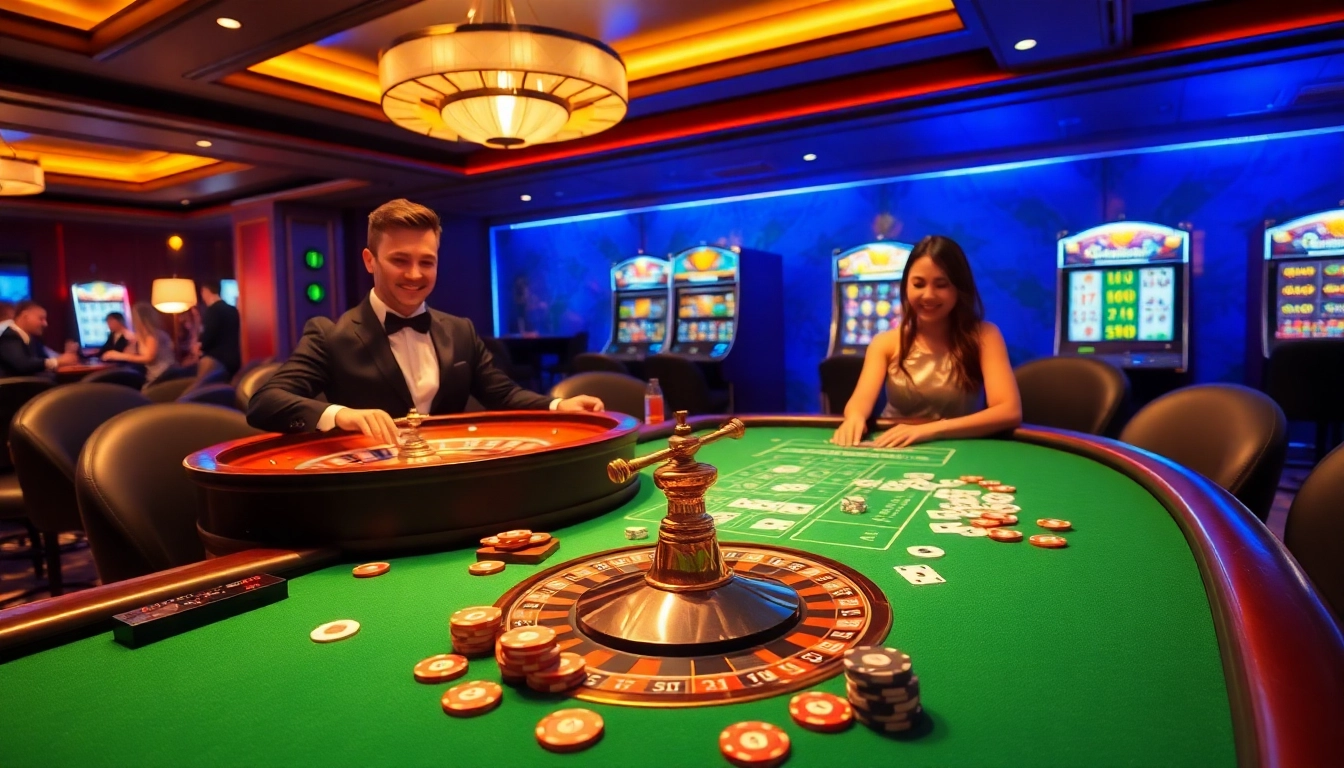 Exciting gaming table at 28bet casino showcasing professional dealers and vibrant poker chips.