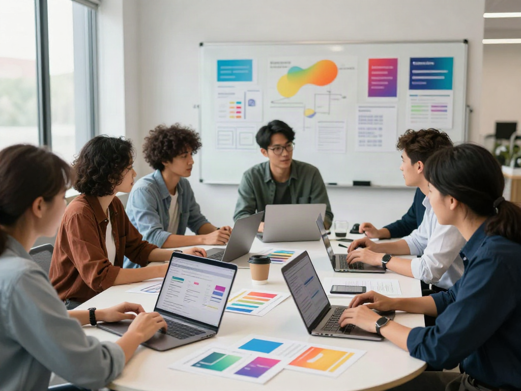 Team collaboration in a modern digital marketing office to learn how to go to the website.