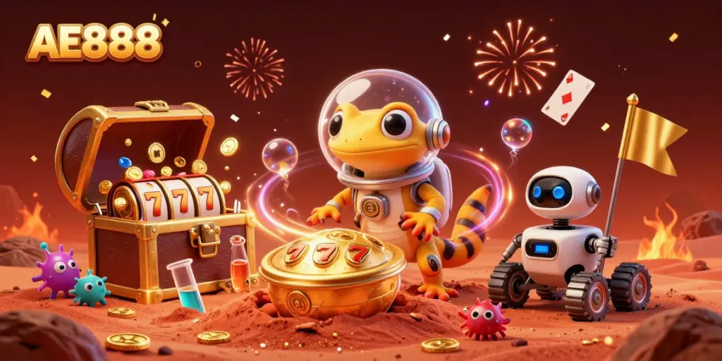 Experience the excitement of AE888 with a lively casino scene showcasing dynamic characters and golden treasures.