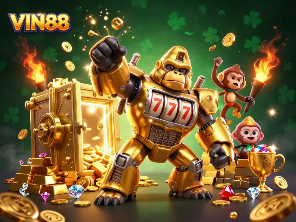 Experience the exciting world of VIN88 with a golden gorilla mech and treasure galore!