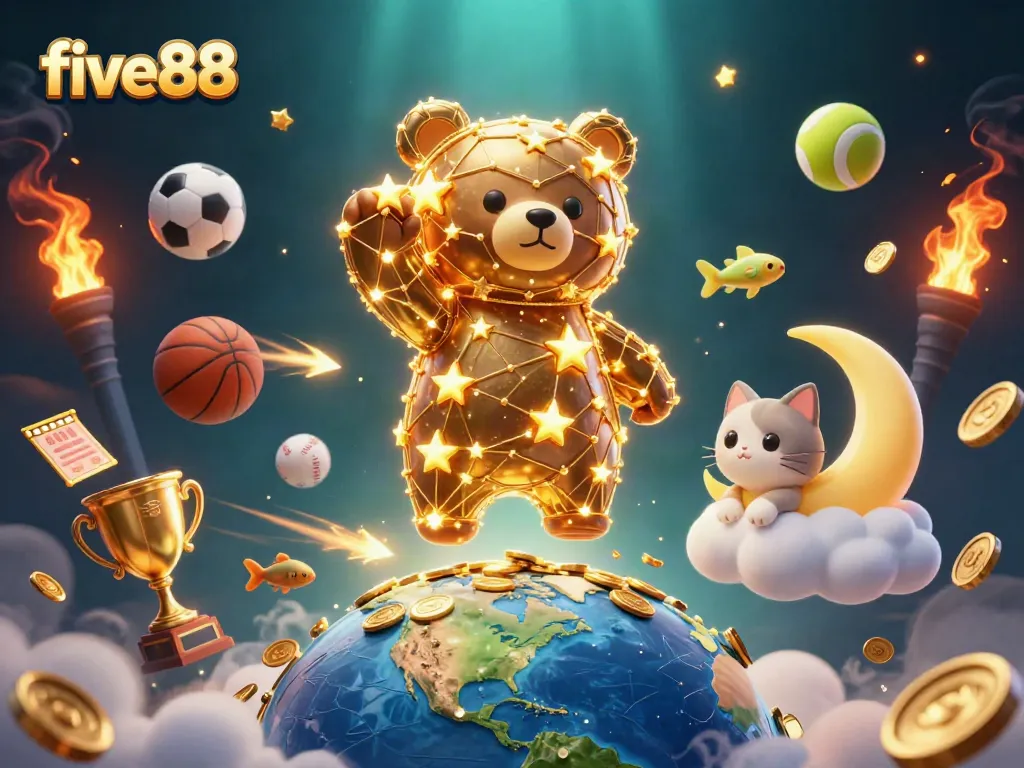 Join the excitement with five88 as the constellation bear scoops gold coins amidst a vibrant casino scene.