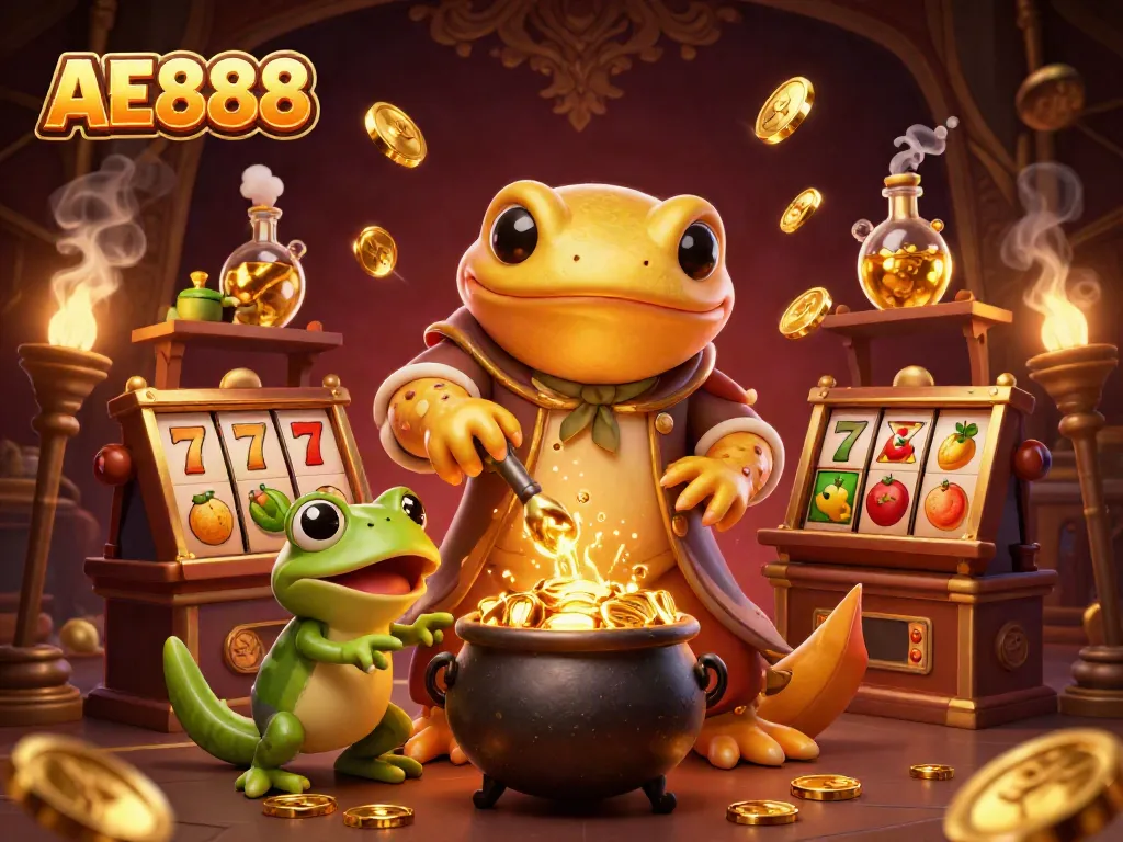 Experience the dynamic AE888 atmosphere with golden alchemist characters and gaming elements.