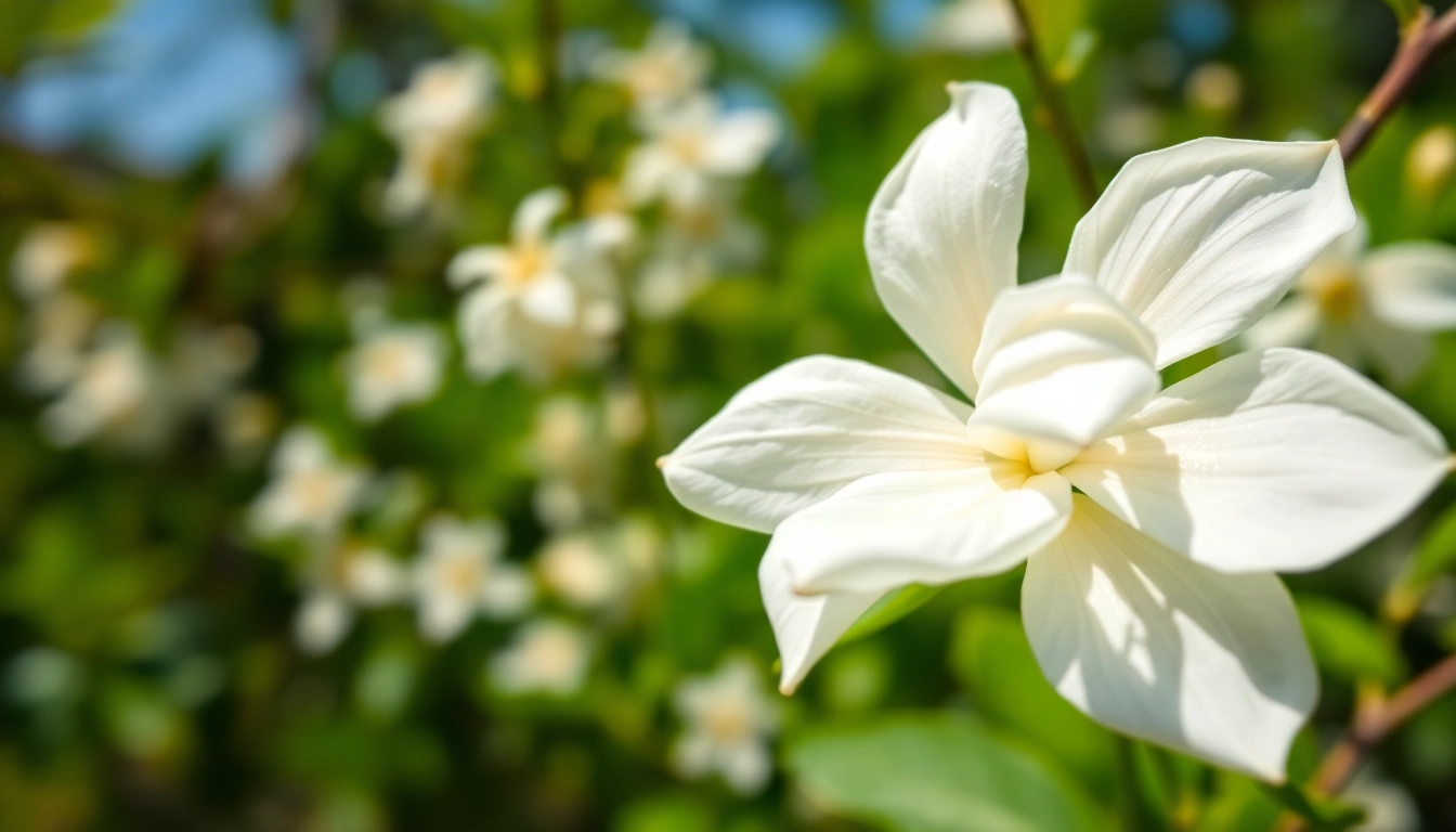Close-up of a jasmine flower blooming vibrantly against a lush green backdrop.