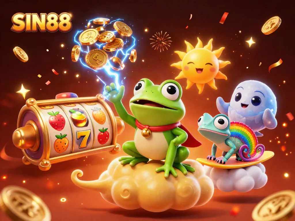 SIN88 offers exciting casino action with golden coin storms and vibrant slot elements.
