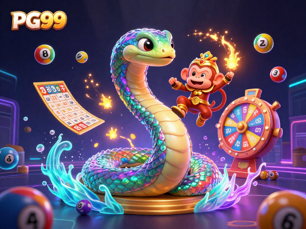 Engage with PG99's vibrant gaming scene featuring a colorful lottery themed illustration