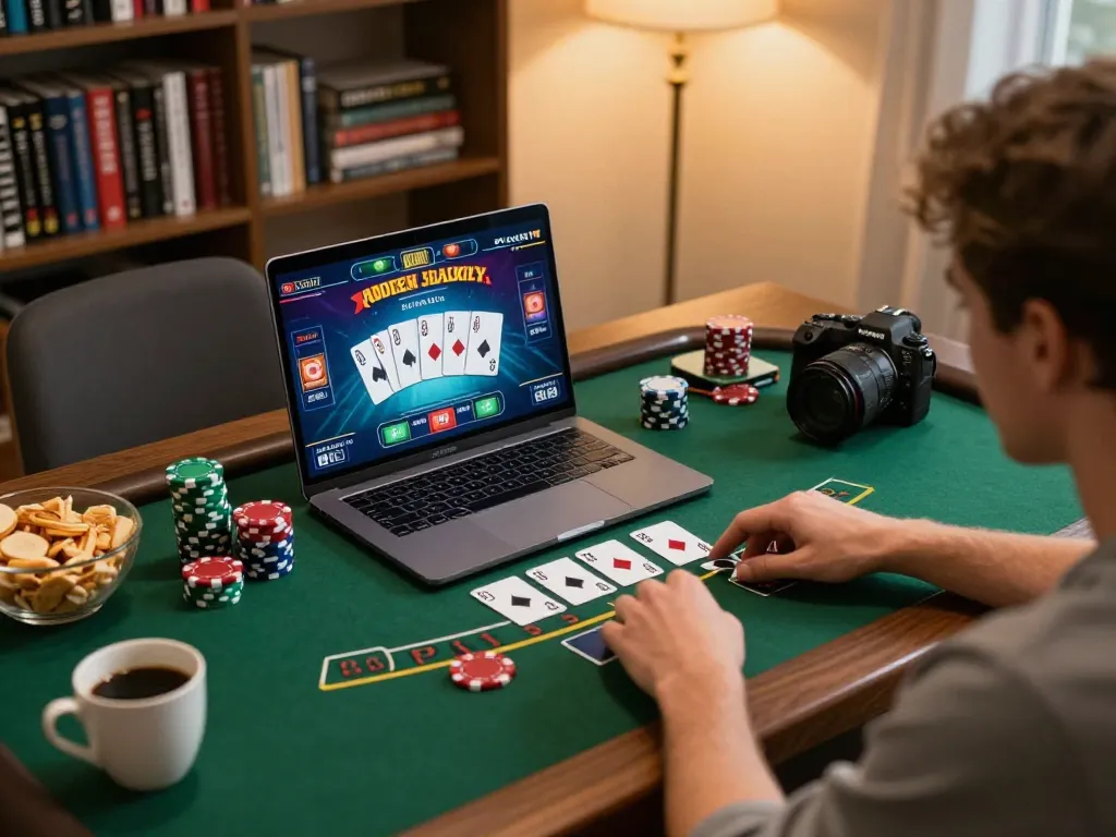 Player enjoying tr 88 online blackjack while strategizing with notes and snacks.
