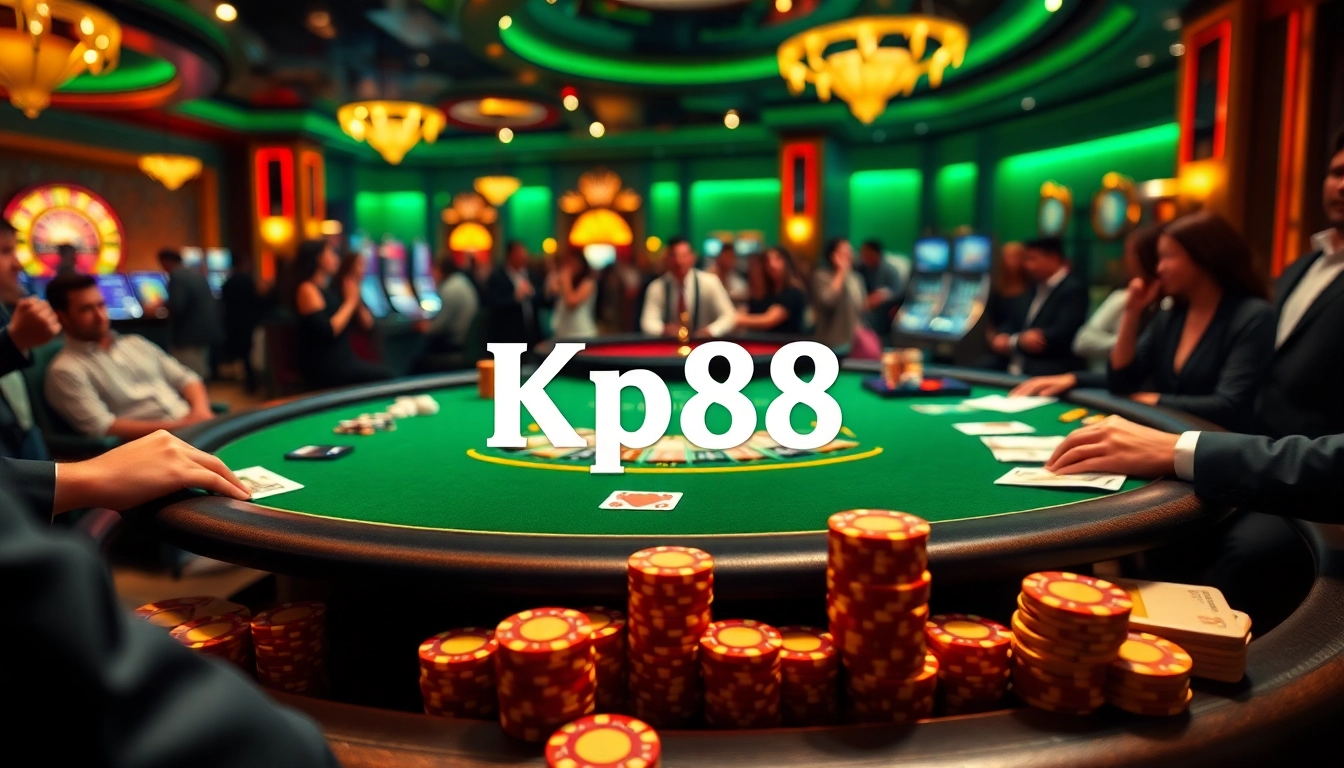 Kp88 high-stakes poker table filled with chips and cards in a luxurious casino.