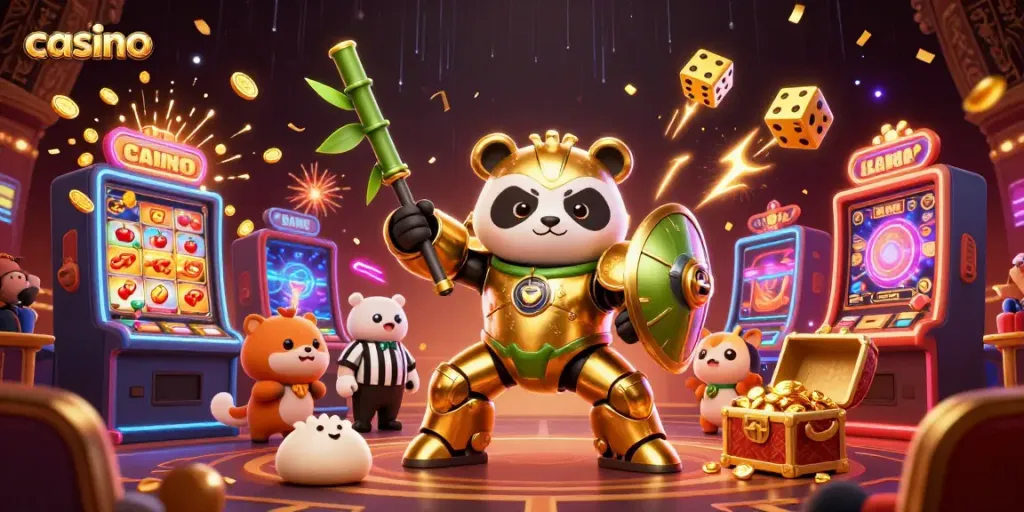 Experience vibrant casino action as a mech-suit panda engages in gaming excitement.