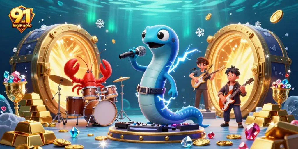 Engage with 91 club login apk in a vibrant underwater casino scene full of treasures.