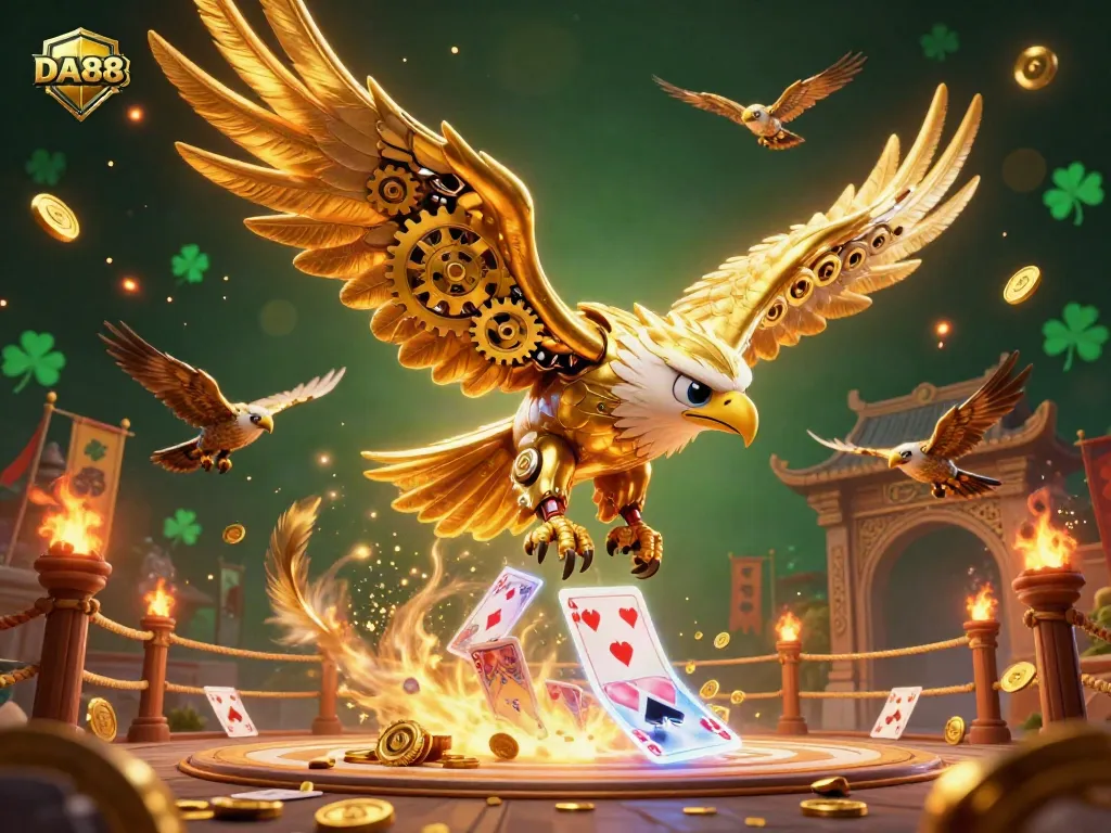 Engage with DA88's thrilling gaming universe featuring a cybernetic eagle in a vibrant casino scene.