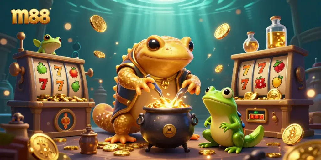 Experience the vibrant excitement of m88 slots and casino with golden alchemist characters.