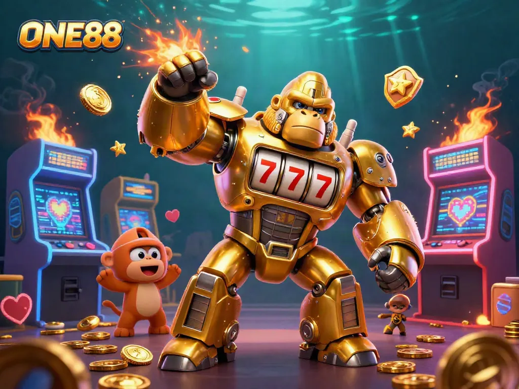 Experience thrilling action with ONE88's golden gorilla mech amidst vibrant casino elements and arcade machines.