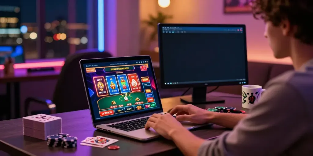 Engaging with a non gamstop casino platform in a vibrant setting with gaming elements.