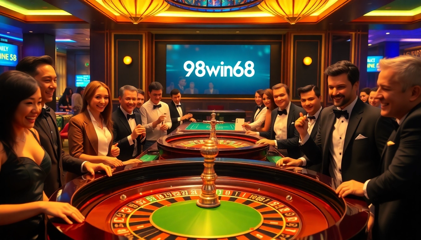 Experience the thrilling energy of 98win58 with players enjoying a luxurious casino atmosphere at a roulette table.