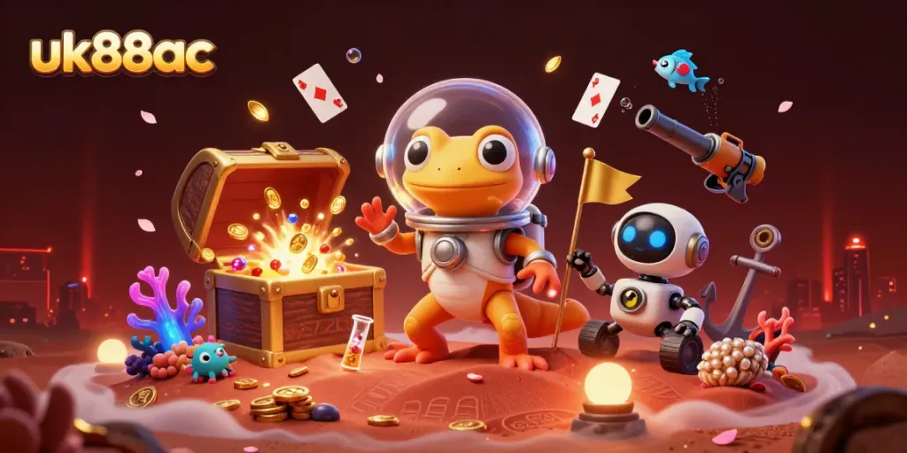 Experience fun at uk88ac's online casino with a vibrant Martian gecko and robot celebrating wins.
