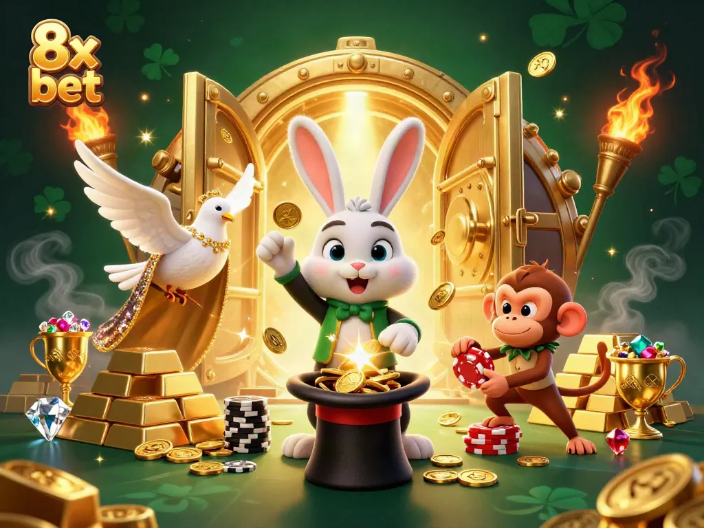 Experience the thrill of gaming with 8x bet as a magician rabbit showcases golden coins.