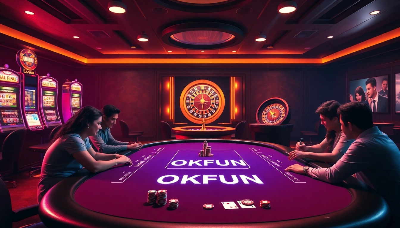 Players enjoying a thrilling poker game at OKFUN, featuring vibrant slot machines and engaging betting interfaces.