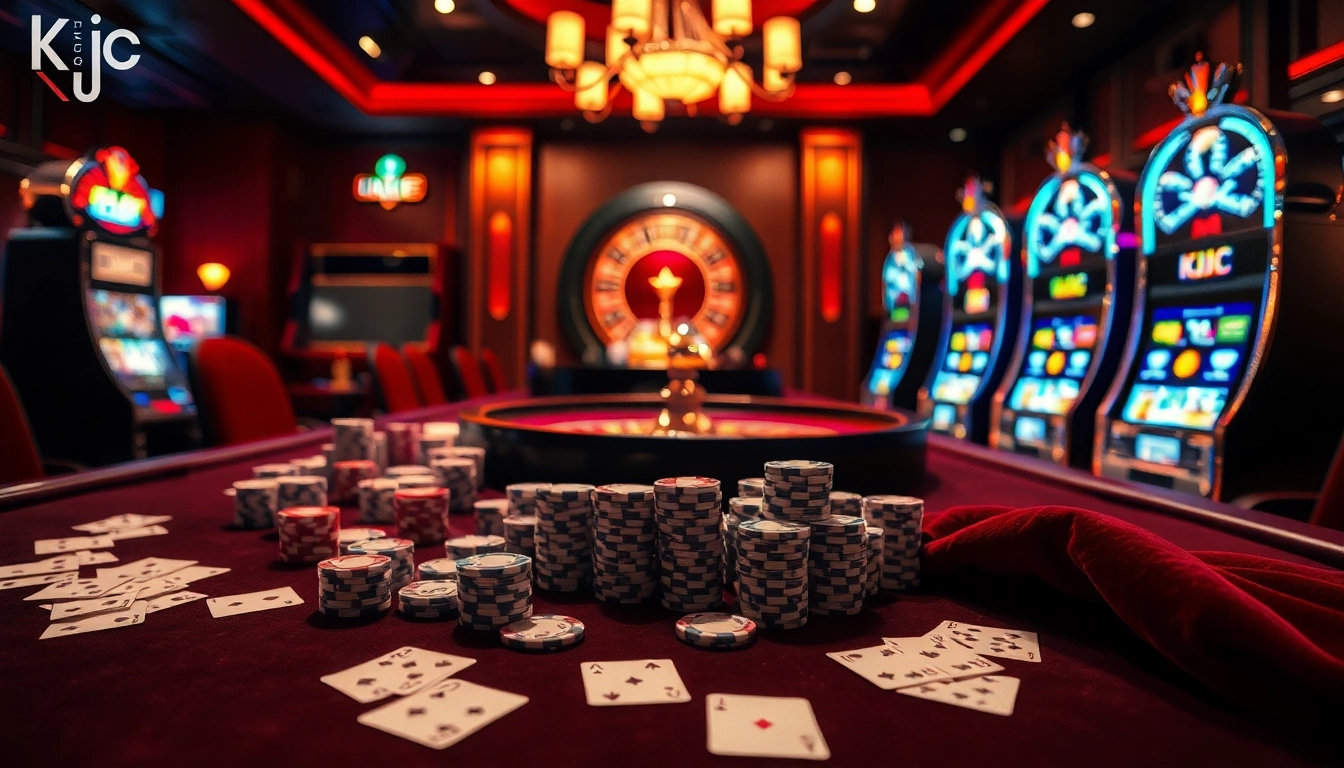 Engaging casino scene featuring Liên minh quốc tế KJC with stunning card tables and vibrant slot machines.