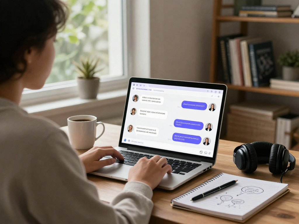 A person enjoying a porn AI chat session in a cozy home office with a laptop, coffee, and a notepad.