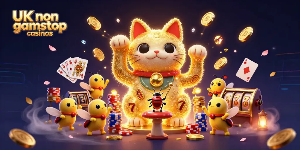 Engaging scene of UK non gamstop casinos with a lucky cat and dynamic casino elements highlighting vibrant gambling energy.