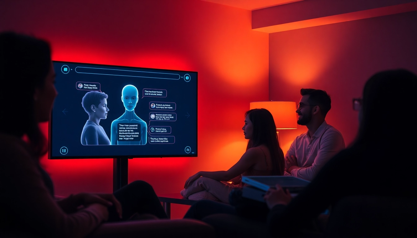 Engaging scene of users interacting with sex AI chatbots in a cozy, futuristic setting.