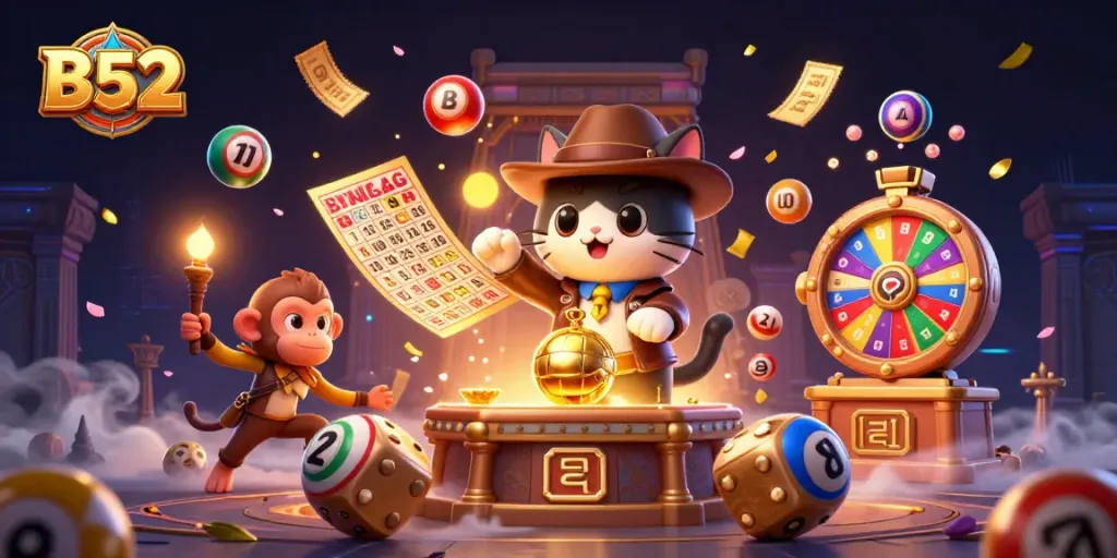 B52 players winning big with colorful lottery balls and dynamic casino elements.
