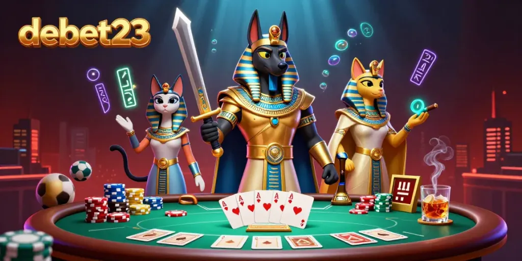 Engage in dynamic sports betting action with debet23, featuring iconic characters and vibrant casino elements.