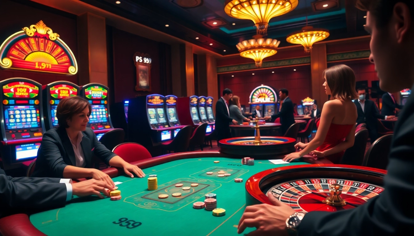 Players at a thrilling poker game in a glamorous casino scene, showcasing PS 99 excitement.