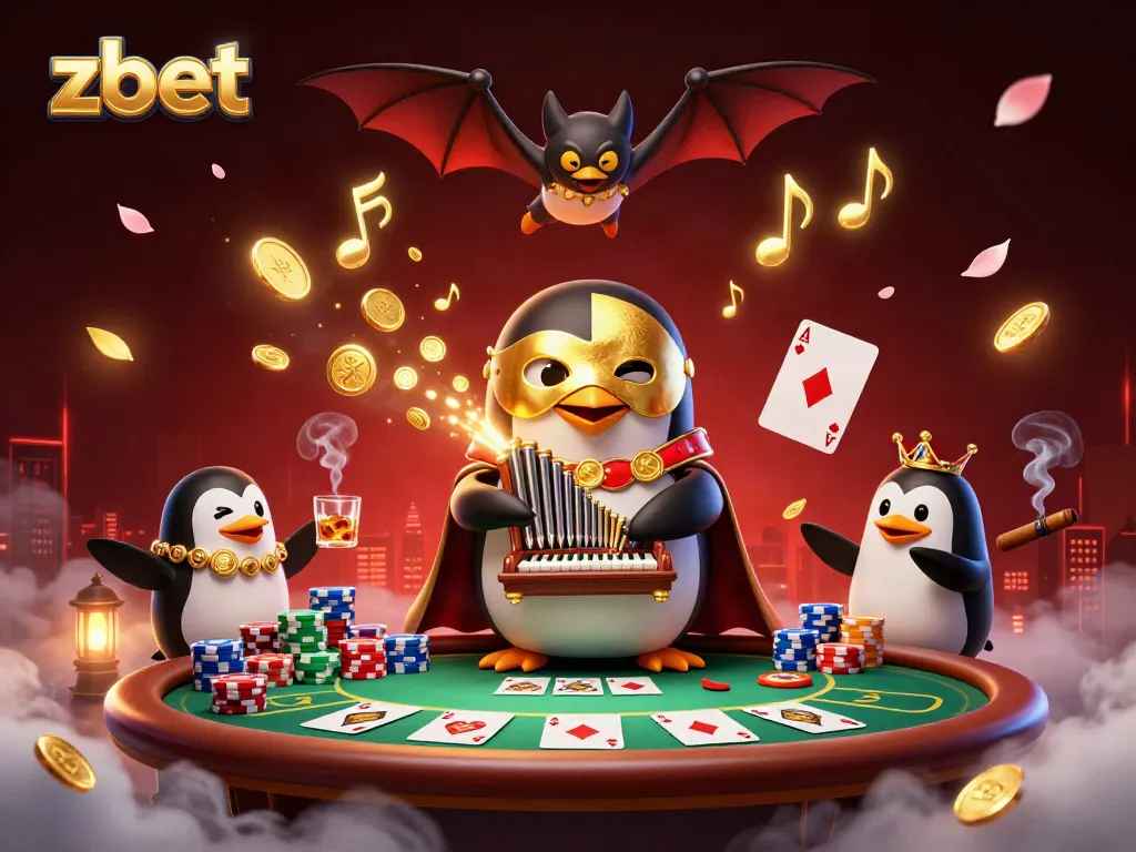 Experience thrilling gaming with zbet featuring a penguin playing a golden organ amidst poker elements.