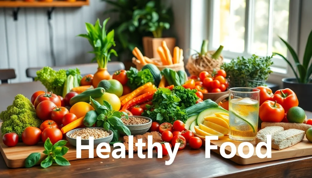 A vibrant display of colorful healthy food items like fruits, vegetables, and grains promoting Healthy Food choices.