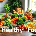 A vibrant display of colorful healthy food items like fruits, vegetables, and grains promoting Healthy Food choices.