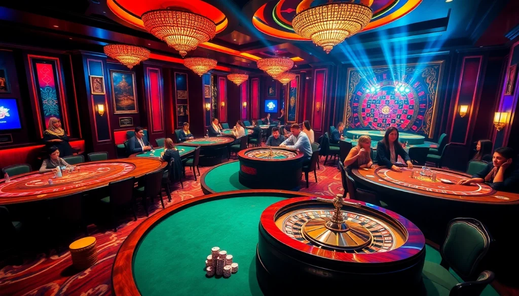 Experience the excitement of nhà cái rr88 with players engaging at a blackjack table, towering slot machines in the background.