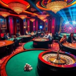 Experience the excitement of nhà cái rr88 with players engaging at a blackjack table, towering slot machines in the background.
