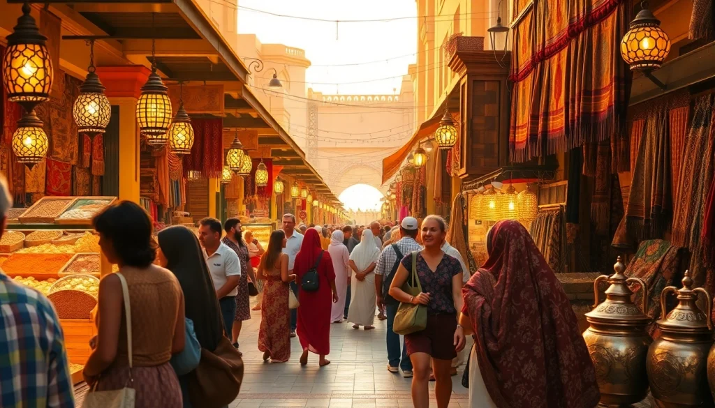 Travel to Dubai: Tourists exploring a colorful marketplace rich in spices, fabrics, and cultural artifacts.