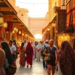 Travel to Dubai: Tourists exploring a colorful marketplace rich in spices, fabrics, and cultural artifacts.