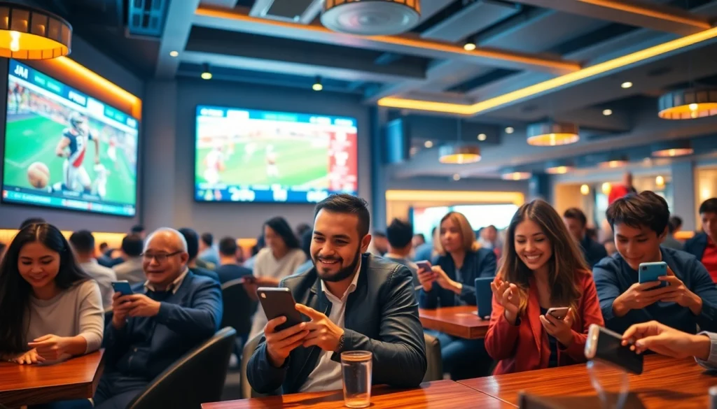 Experience the excitement of sports betting with Nhà Cái SV88 in a bustling setting filled with diverse patrons.