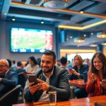 Experience the excitement of sports betting with Nhà Cái SV88 in a bustling setting filled with diverse patrons.