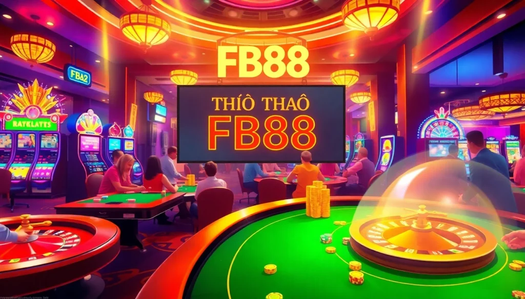 Enthusiastic gamblers at "Thể Thao FB88" tables, surrounded by colorful chips and slot machines, embodying the thrilling casino atmosphere.