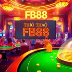 Enthusiastic gamblers at "Thể Thao FB88" tables, surrounded by colorful chips and slot machines, embodying the thrilling casino atmosphere.