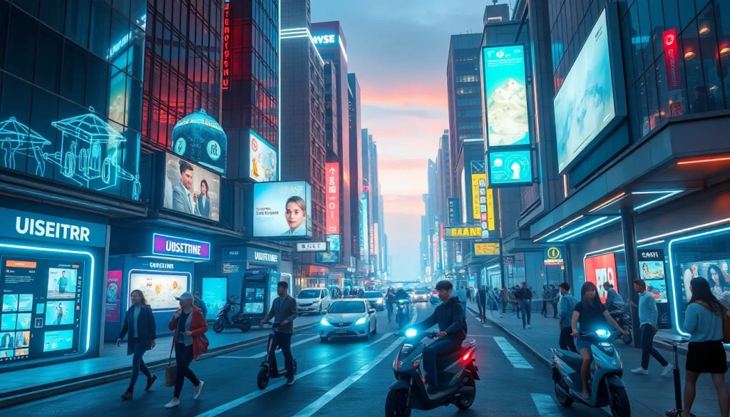 Vibrant city infused with New Technology, showcasing futuristic vehicles and holograms.