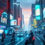 Vibrant city infused with New Technology, showcasing futuristic vehicles and holograms.